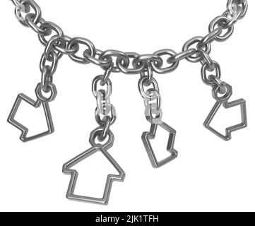 Chain house shapes hanging, dark grey metal 3d illustration, isolated, horizontal, over white Stock Photo
