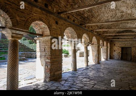 Interior of the covered entrance to The 11th cen. Byzantine Church of Saint Sophia, in the Old city of Ohrid on the shore of Lake Ohrid  in North Mace Stock Photo