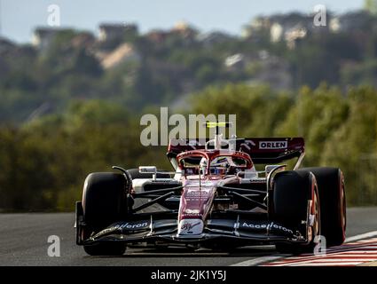 Budapest, Hungary. 29th July, 2022. 2022-07-29 17:27:37 BUDAPEST - Guanyu Zhou (24) with the Alfa Romeo C40 during the 2nd practice session ahead of the F1 Grand Prix of Hungary at the Hungaroring Circuit. ANP REMKO DE WAAL netherlands out - belgium out Credit: ANP/Alamy Live News Stock Photo