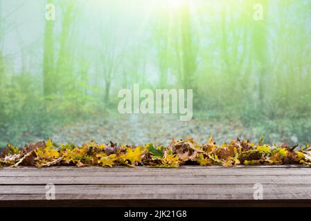 Forest table and leaves with forest path background. Empty table for product placement and presentations ( selective focus ) Stock Photo