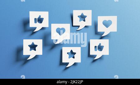 Social media interaction concept with icons of like, love and star in speech bubbles. Online network advertising, impressions and digital  marketing. Stock Photo