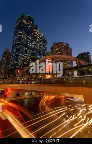 Bangkok, Thailand - February 10, 2016: View of rush hour traffic on Sathorn Road from the Chong Nonsi BTS station in the central business district of Stock Photo