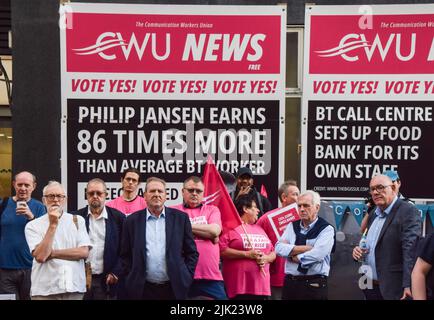 London, UK. 29th July, 2022. CWU (Communication Workers Union) general secretary Dave Ward, deputy general secretary Andy Kerr, Labour MP Jeremy Corbyn and Labour MP John McDonnell at the strike picket outside BT Tower. Thousands of BT and Openreach workers have staged walkouts over pay. Stock Photo