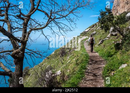 Hiking the famous path Sentiero degli Dei, the path of Gods at the Amalfi coast, Southern Italy Stock Photo