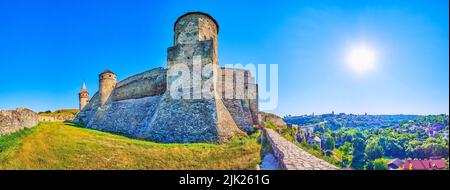 Panorama of Kamianets-Podilskyi Castle and surrounding lands with Smotrych River Canyon with residential houses, Ukraine Stock Photo