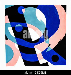 abstract square composition with letter P, tree leaf and scissors hand-painted with pink, blue and black tempera paints on white paper Stock Photo