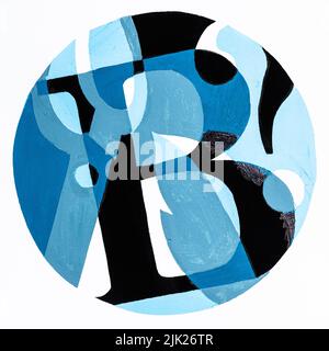 abstract round composition with letter B, tree leaf , scissors and question mark hand-painted with blue and black tempera paints on white paper Stock Photo