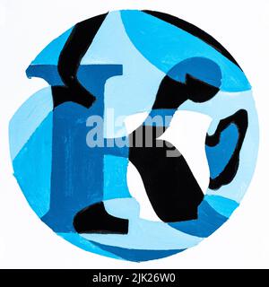 abstract round composition with letter K and cup on saucer hand-painted with blue and black tempera paints on white paper Stock Photo