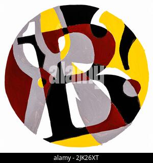 abstract round composition with letter B , scissors and question mark hand-painted with yellow, brown and black tempera paints on white paper Stock Photo