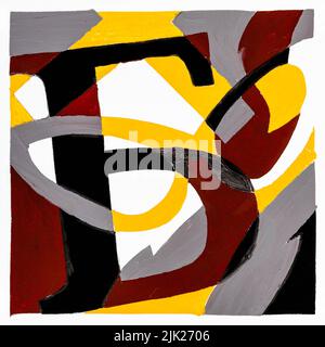 abstract square composition with letter and spectacles hand-painted with yellow, brown and black tempera paints on white paper Stock Photo