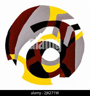 abstract round composition with letter a, tree leaf , spectacles and quotes hand-painted with brown, gray, yellow and black tempera paints on white pa Stock Photo