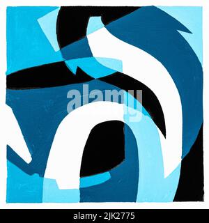 abstract square composition with letter d, tree leaf and mug hand-painted with blue and black tempera paints on white paper Stock Photo