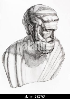 study drawing of plaster bust of Sophocles hand-drawn by graphite pencil on white paper Stock Photo