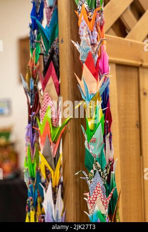 Granada, Colorado - The Amache Museum near the World War 2 Amache Japanese internment camp displays paper cranes folded in honor of the Akimoto Family Stock Photo