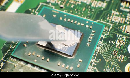 replacement, extrusion of thermal paste on the laptop processor. Thermal paste for better cooling of the device Stock Photo