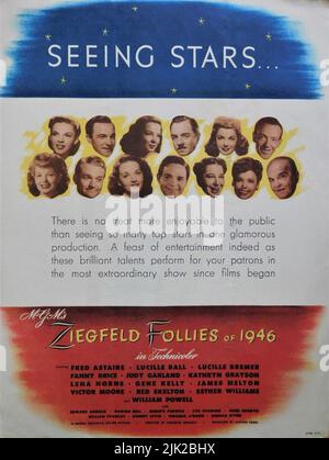 US Trade Ad for JUDY GARLAND GENE KELLY KATHRYN GRAYSON WILLIAM POWELL ESTHER WILLIAMS FRED ASTAIRE LUCILLE BALL RED SKELTON LUCILLE BREMER JAMES MELTON FANNIE BRICE LENA HORNE and VICTOR MOORE in ZIEGFELD FOLLIES OF 1946 aka ZIEGFELD FOLLIES 1945 director VINCENTE MINNELLI (and others) producer Arthur Freed Metro Goldwyn Mayer Stock Photo