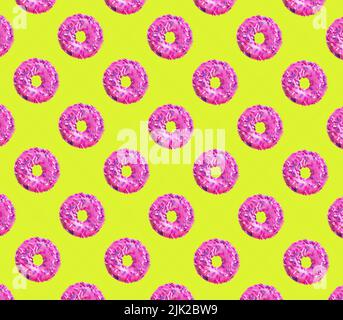 retro pattern with pink donuts on yellow Stock Photo