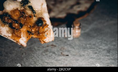 Bitten slice of spicy pizza on a gray background Stock Photo