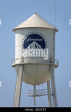 Hollywood, CA / USA - July 25, 2022: The iconic Paramount Pictures water tower is shown in a closeup view during the day. For editorial uses only. Stock Photo