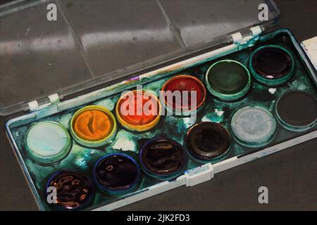 Detail of used watercolor bar, aniline colors, brilliant watercolors Stock Photo