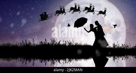 Silhouette of Santa Claus get a move to ride on their reindeer over full moon at night Christmas. Enjoying couple dancing under the full moon. Stock Photo