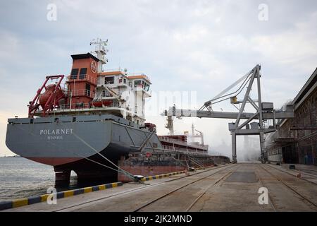 Chornomork, Ukraine. 29th July, 2022. In this photo provided by the Ukrainian Presidential Press Office, Ukraine's president visits port as the country prepares to ship out grain. The ship Polarnet sits during loading of grain. (Credit Image: © Ukraine Presidency/ZUMA Press Wire Service) Credit: ZUMA Press, Inc./Alamy Live News Stock Photo