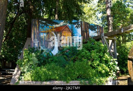 Mural in a park in Chemainus, BC, entitled 'First Chemainus Sawmill 1862' by Sylvia Verity Dewar. Stock Photo