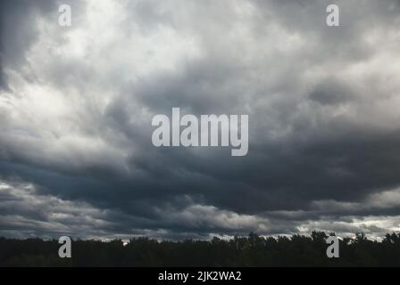 Heavy dark low clouds over forest before thunderstorm Stock Photo
