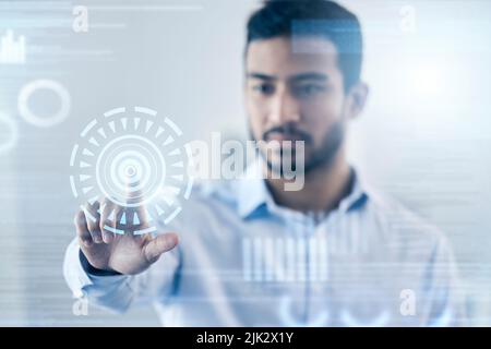 Businessman working on digital interface. Young male using artificial intelligence, internet and networking technology. Virtual transformation of man Stock Photo