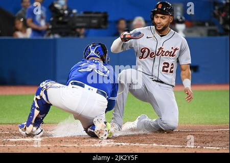 Toronto Blue Jays‚Äô Alejandro Kirk, 30, is forced out at second base by  Seattle Mariners‚Äô Abraham Toro in the first inning of an American League  baseball game against the Seattle Mariners in