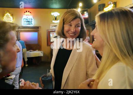 St. Louis, USA. 29th July, 2022. Trudy Busch Valentine talks with supporters during a fund raiser in St. Louis on Friday, July 29, 2022. Valentine is running in the democratic primary for U.S. Senate. She is the daughter of August (Gussie) Anheuser Busch Jr., who grew the Anheuser-Busch companies into the largest brewery in the world. The Missouri primary is on August 2. Photo by Bill Greenblatt/UPI Credit: UPI/Alamy Live News Stock Photo