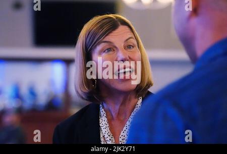 St. Louis, USA. 29th July, 2022. Trudy Busch Valentine talks with a supporter during a fund raiser in St. Louis on Friday, July 29, 2022. Valentine is running in the democratic primary for U.S. Senate. She is the daughter of August (Gussie) Anheuser Busch Jr., who grew the Anheuser-Busch companies into the largest brewery in the world. The Missouri primary is on August 2. Photo by Bill Greenblatt/UPI Credit: UPI/Alamy Live News Stock Photo