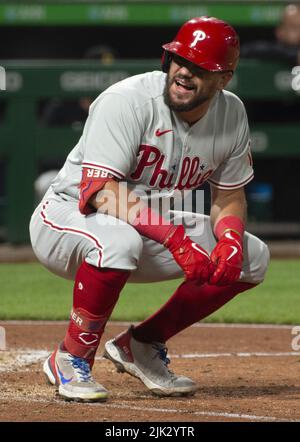 Philadelphia Phillies' Kyle Schwarber reacts after a home run during the  second baseball game in a doubleheader, Saturday, July 15, 2023, in  Philadelphia. (AP Photo/Matt Slocum Stock Photo - Alamy