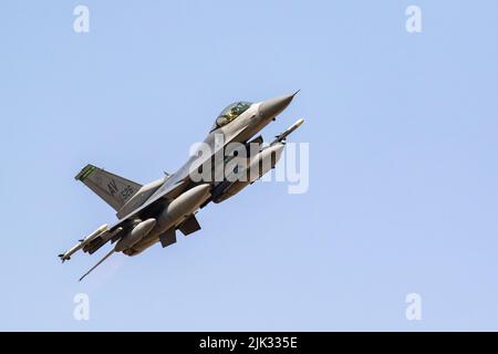 General Dynamics F-16C Fighting Falcon departing from RIAT 2022. Stock Photo