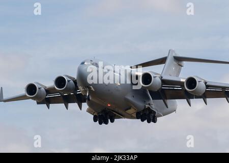 Boeing C-17A Globemaster III of the United States Air Force landing at RAF Fairford. Stock Photo