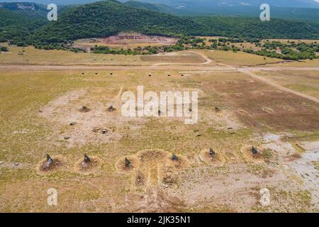 drone shot of military training site and shooting range in Greece. High quality photo Stock Photo