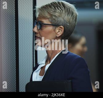 I have no interest in flowers. a mature woman working in a server room. Stock Photo