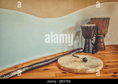 Shaman drums and djembe with didgeridoo. Ceremony space Stock Photo - Alamy
