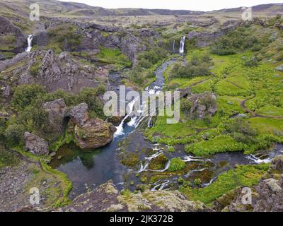 Drone view at the waterfalls of Gjain on Iceland Stock Photo