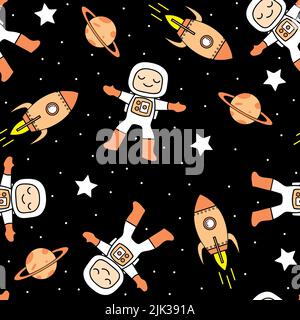 Cute Astronaut and Rockets - Seamless Space Pattern Stock Photo