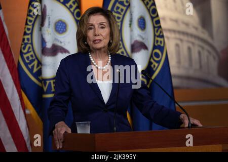 Washington DC, USA. 30th July, 2022. Speaker of the United States House of Representatives Nancy Pelosi (Democrat of California) holds a news conference on Capitol Hill in Washington, DC, USA, on July, Friday, July 29, 2022. Photo by Chris Kleponis / CNP/ABACAPRESS.COM Credit: Abaca Press/Alamy Live News Stock Photo