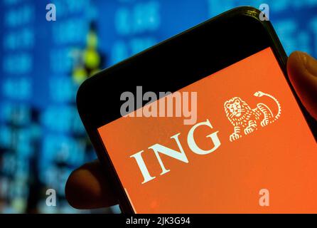 In this photo illustration, the Dutch multinational banking and financial services company ING Group logo is displayed on a smartphone screen. Stock Photo