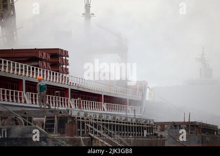 Chornomorsk, Ukraine. 29th July, 2022. Grain dust covers the loading area of the Turkish flagged dry cargo ship Polarnet as grain for loaded for export at the Chornomorsk Sea Trade Port, July 29, 2022 in Chornomorsk, Odessa Oblast, Ukraine. The Istanbul based general cargo vessel is the first ship is loaded at the port since the beginning of the war. Credit: Ukrainian Presidential Press Office/Ukraine Presidency/Alamy Live News Stock Photo