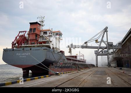 Chornomorsk, Ukraine. 29th July, 2022. The Turkish flagged dry cargo ship Polarnet is loaded with grain for export at the Chornomorsk Sea Trade Port, July 29, 2022 in Chornomorsk, Odessa Oblast, Ukraine. The Istanbul based general cargo vessel is the first ship is loaded at the port since the beginning of the war. Credit: Ukrainian Presidential Press Office/Ukraine Presidency/Alamy Live News Stock Photo