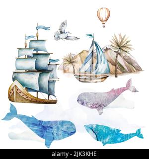 Nautical navigation and tropical island painted in watercolor. Blue, blue whales off the coast of the island with palm trees. Seagulls, ships, boats Stock Photo