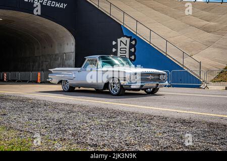 Lebanon, TN - May 14, 2022: Wide angle front corner view of a 1960 Chevrolet El Camino Pickup Truck leaving a local car show. Stock Photo