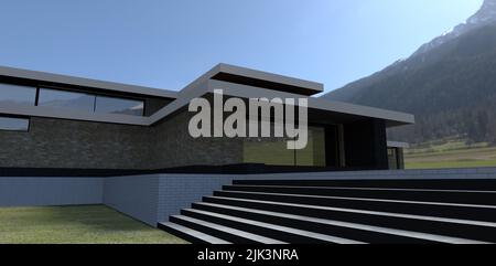 Luxurious house in the fog at the foot of the mountain. The stairs descend to the lawn. Finishing slate and white brick. 3d render. Stock Photo