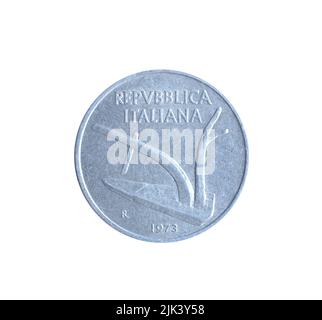 Ten Lira coin made by Italy, that shows Plow Stock Photo
