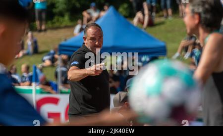 Illertissen, Germany. 30th July, 2022. Soccer: DFB Cup, FV Illertissen - 1. FC Heidenheim, 1st round, Vöhlin Stadium. Heidenheim coach Frank Schmidt gives instructions on the sidelines. Credit: Stefan Puchner/dpa - IMPORTANT NOTE: In accordance with the requirements of the DFL Deutsche Fußball Liga and the DFB Deutscher Fußball-Bund, it is prohibited to use or have used photographs taken in the stadium and/or of the match in the form of sequence pictures and/or video-like photo series./dpa/Alamy Live News Stock Photo