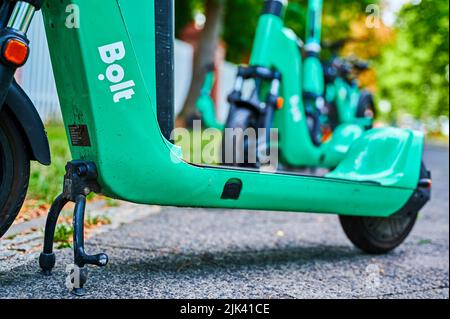 Berlin, Germany - July 29, 2022: Scooters with electric drive for rent in Berlin. Stock Photo